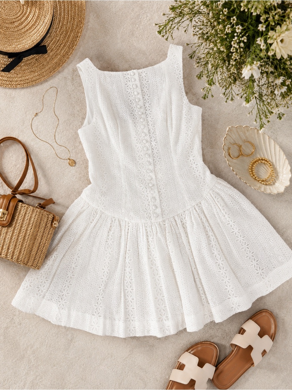 Mable Women’s White Eyelet Drop Waist Dress - Classic Sleeveless, Low Back Style